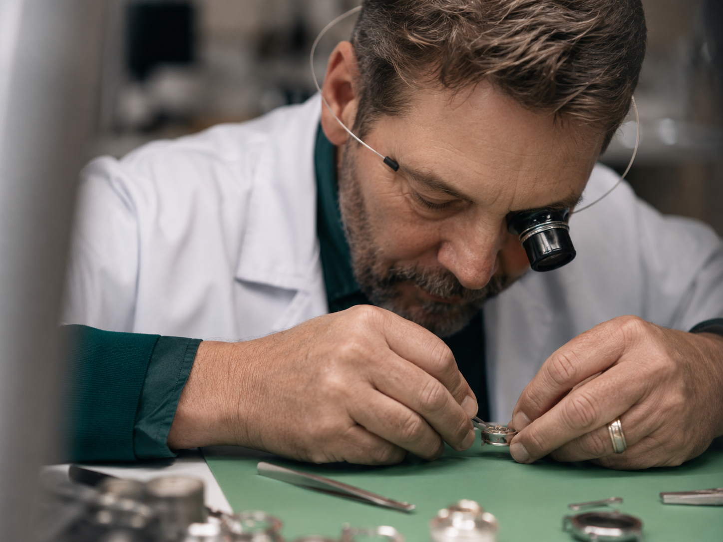Certified watch expert carefully inspecting a timepiece