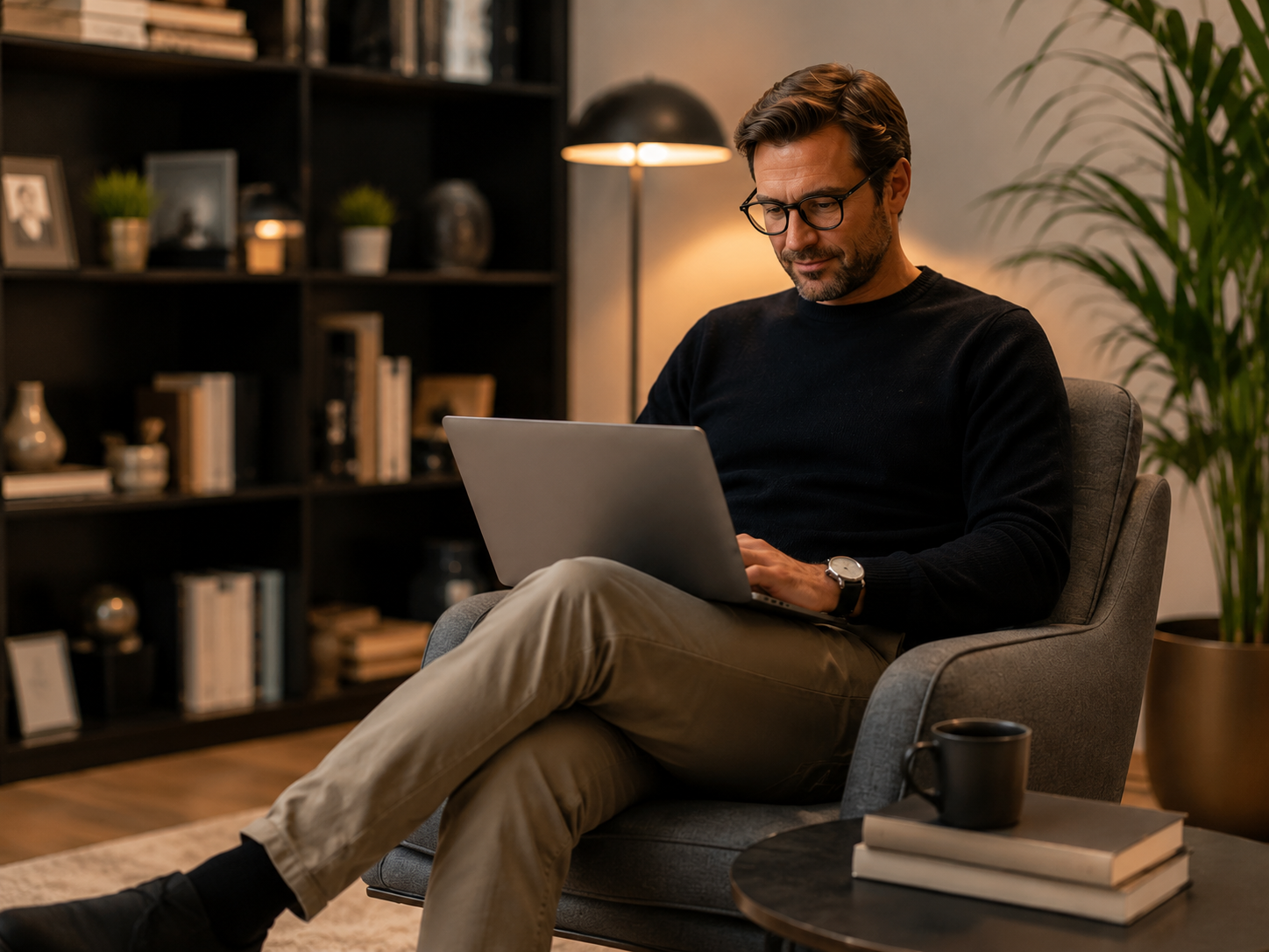 Customer relaxing on a sofa while using a laptop